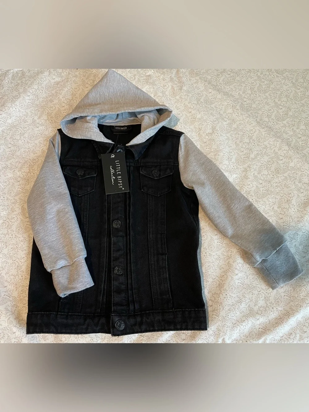 NEW Little Bipsy Kids Hooded Black Denim Jacket With Gray Sleeves Snaps Sz 2T-3T